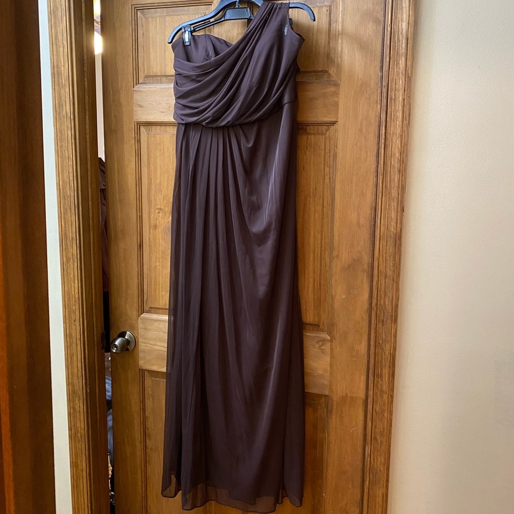 David's Bridal One-Shoulder Gown in Chocolate